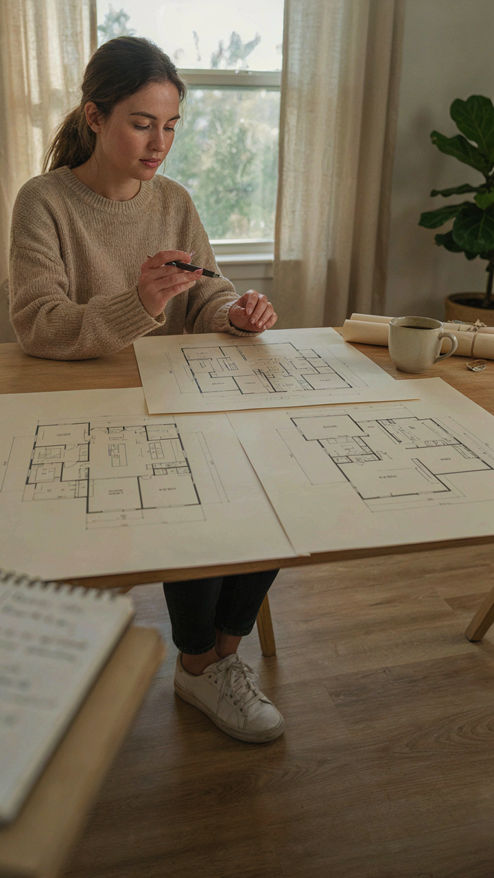 A person examining three cottage house plans with garage, focusing on function.