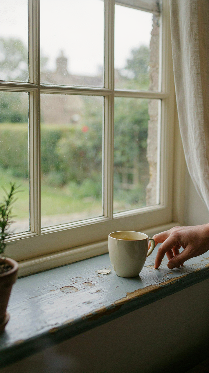 A hand gently touches a smooth, worn wooden windowsill in a cottage.
