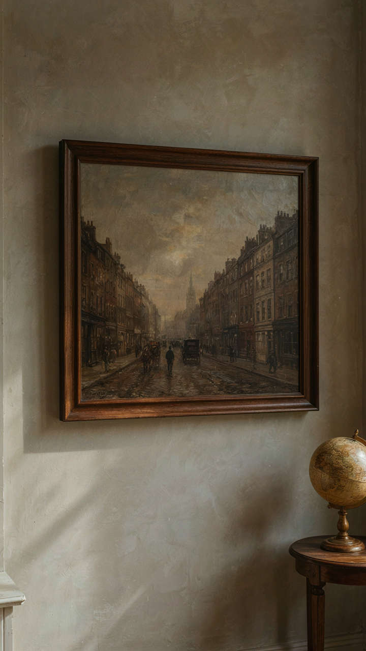 A framed late 19th-century London cityscape painting on a muted wall.