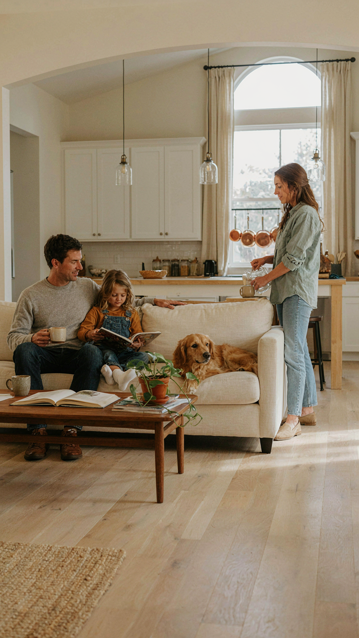 A family enjoys an open-concept living room in a ranch house.