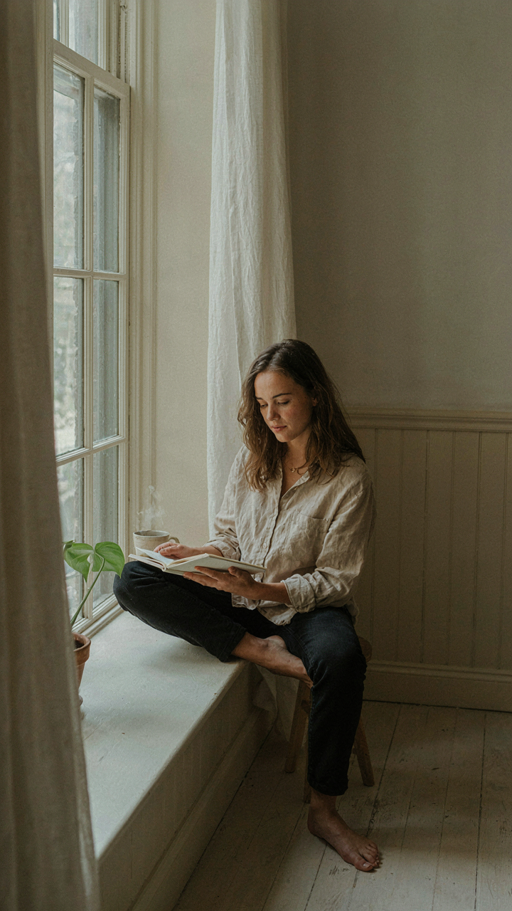 A person sits thoughtfully by a window in a pale wood room.