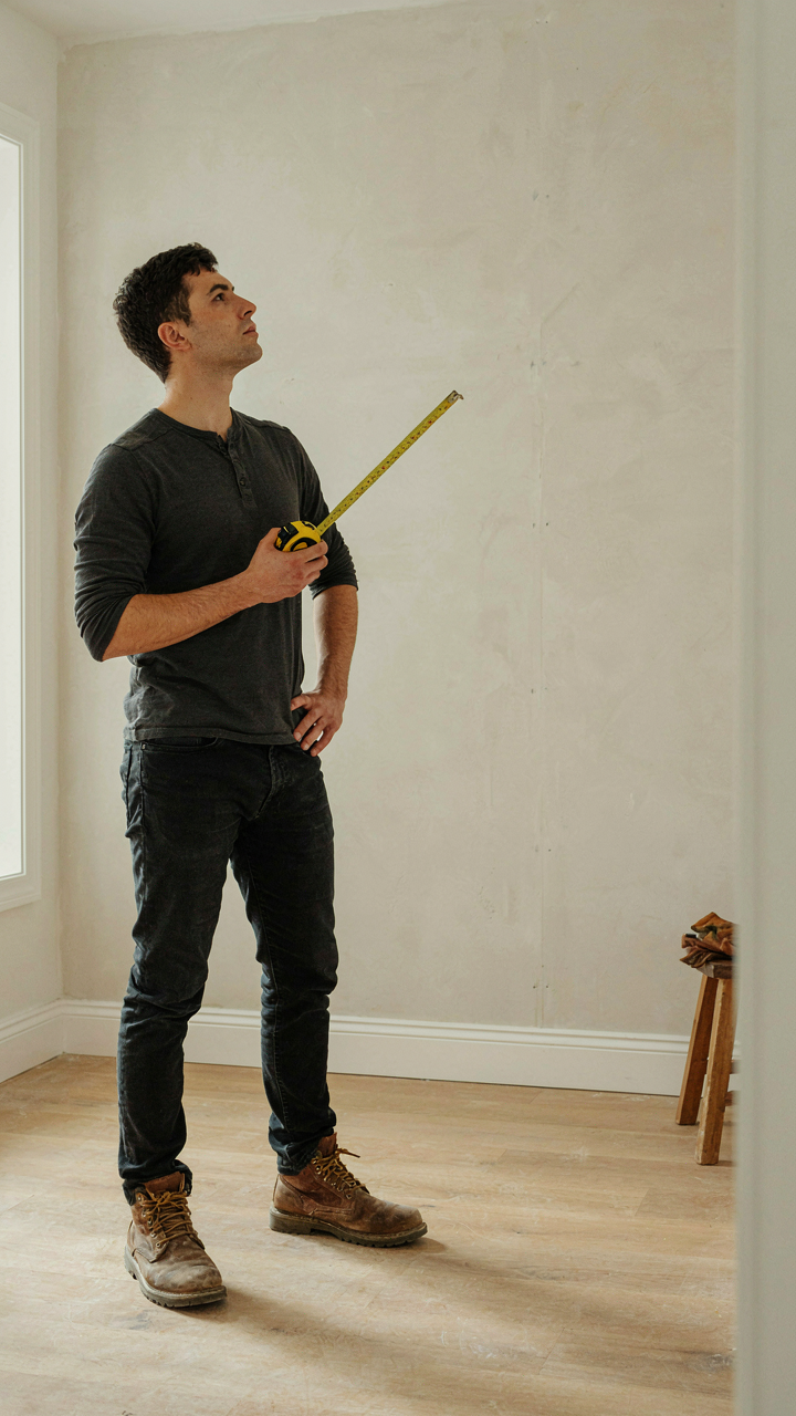 A determined person with a tape measure looks at a blank wall.