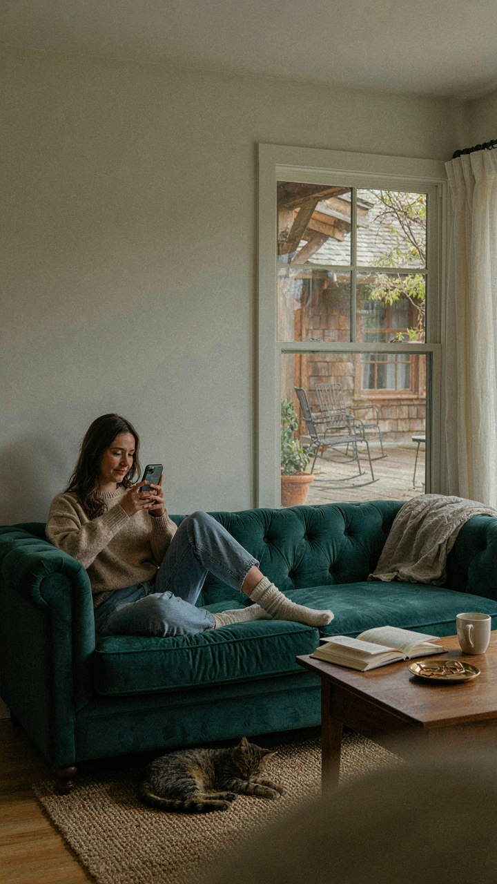A person on a couch looks at a phone while an unused porch is visible.