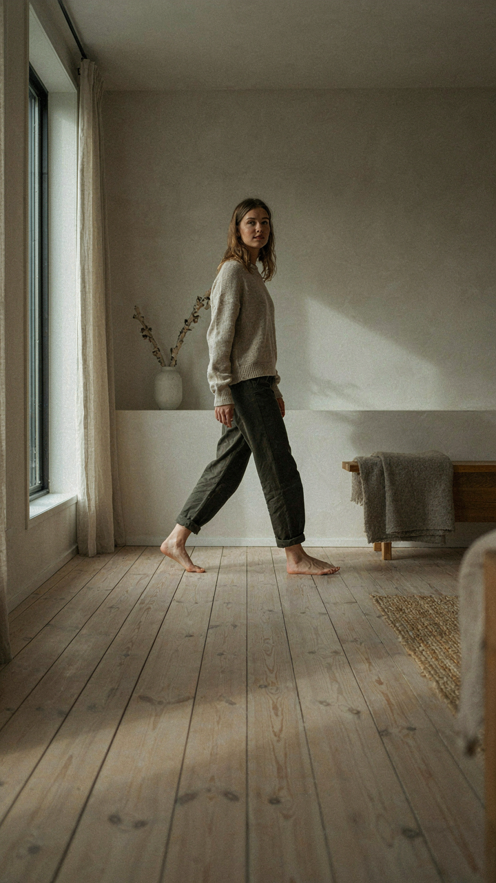 Person observes how shadows fall in a nordic cottage room.