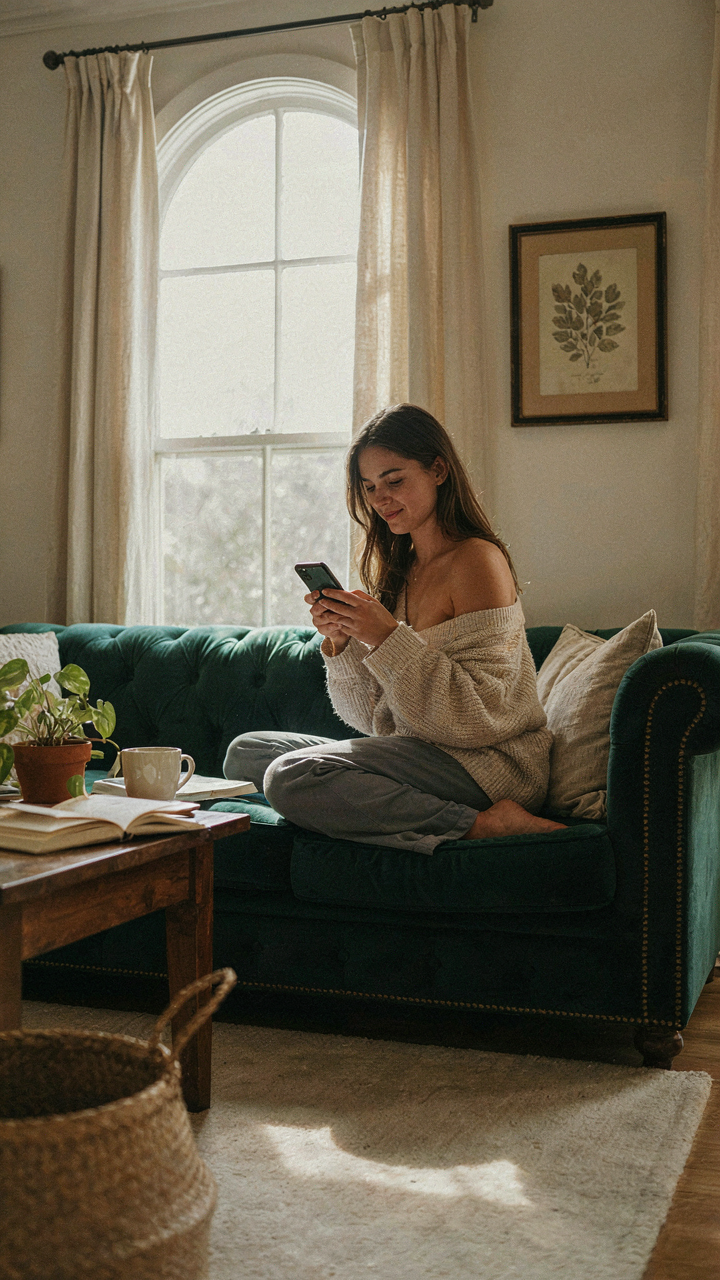 A person scrolling on a smartphone while relaxing on a sofa.