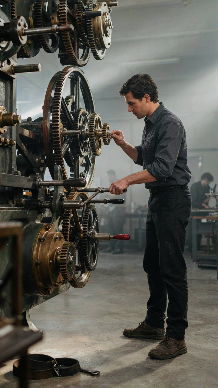 A hand adjusts a small gear in a complex system.