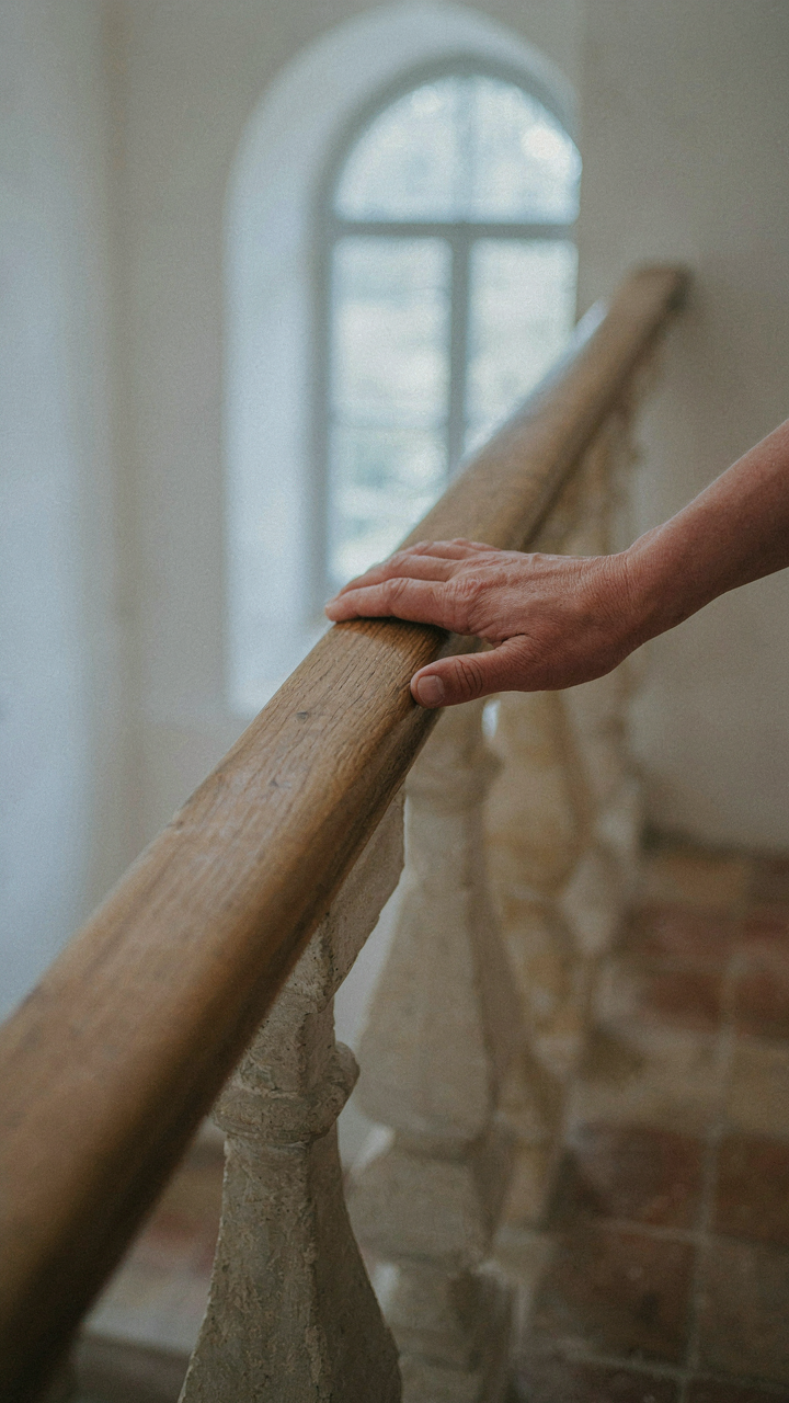 A hand gently touches the smooth wooden handrail of a fine staircase.