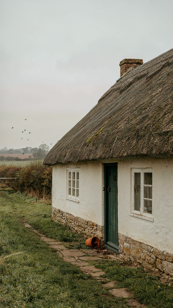 A simple, functional thatched roof cottage in a rural setting.