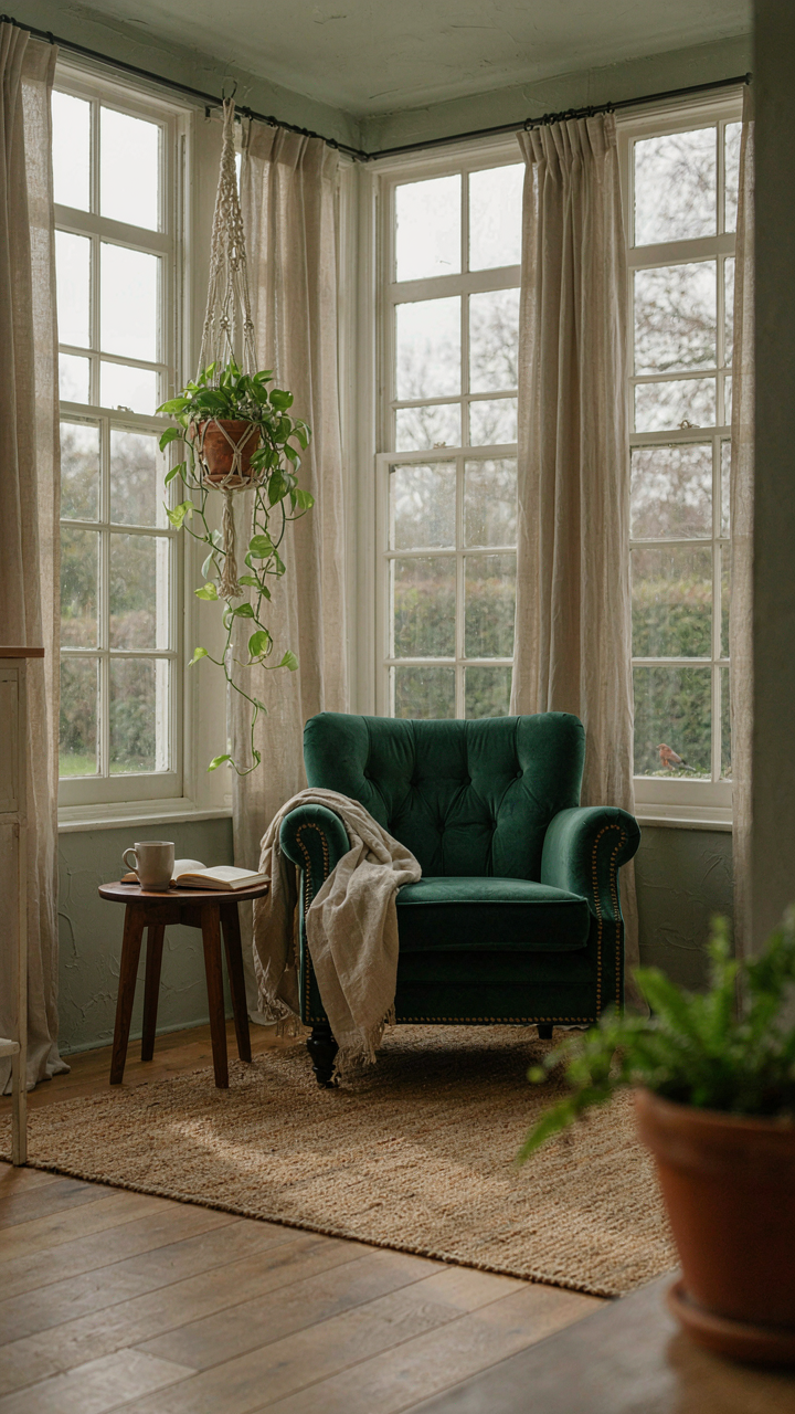 A bold emerald green armchair in a bright cottage sunroom.