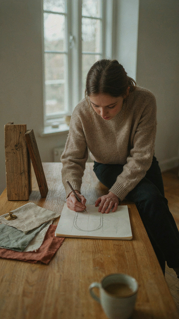 Someone sketches a curved headboard, surrounded by fabric and wood samples.