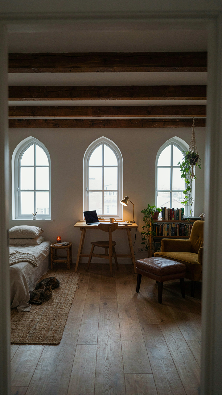 A small cottage loft interior clearly divided into functional zones.